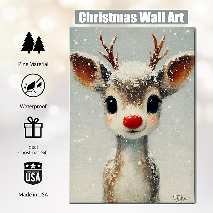 Funny Red Nose Deer Christmas Canvas Wall Art - Whimsical Framed Winter Wall Art for Living Room & Office, Cute Christmas Wall Decor with Wood Frame, Playful Christmas Gifts & Cozy Winter Decor