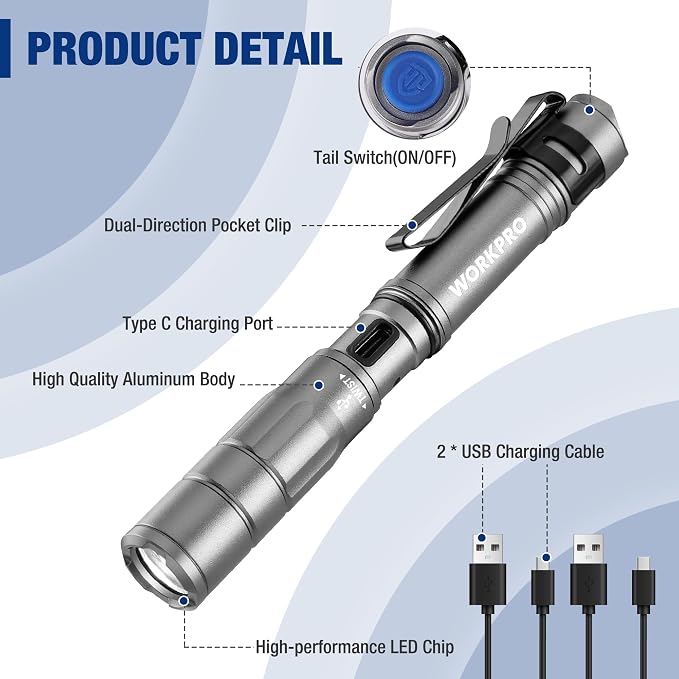 WORKPRO Rechargeable Pen Light 2 Pack Ultra-Compact EDC Flashlight Black | Mini Flashlight Pocket Flashlight with Clip Memory Function and 2 x USB C Cable Included