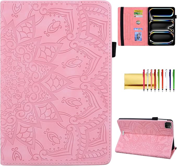 Folio Case for iPad Pro 11 2018-2022 iPad Air 11 2025/2024/Air 10.9 - Techcircle Stand Mandala Embossed PU Leather Soft TPU Cover with Elastic Strap Card Slots Pencil Holder - Pink