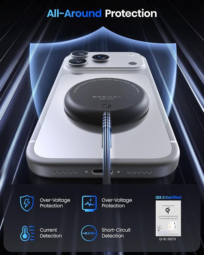 Magnetic Wireless Charger 5FT Qi2 25W Fast Charging Pad Compatible with MagSafe for iPhone Air/17e/17/16/15/14/13/12/Pro/Pro Max Series &amp AirPods 4/3/2/Pro &amp More (with 30W Adapter)