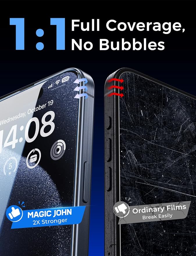 MAGIC JOHN 2 Pack for iPhone 15 Pro (6.1 inch) Tempered Glass Screen Protector Auto Dust-Elimination Installation Bubble Free Dynamic Island Compatible HD Clear Easy Installation