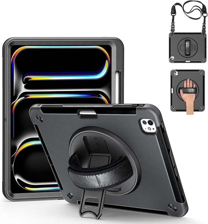 Junfire Protective Case for iPad Pro 11-inch M5/M4-Black | Hand Strap 360°Rotating Kickstand Carrying Shoulder Belt， Pencil Holder Shockproof Rugged