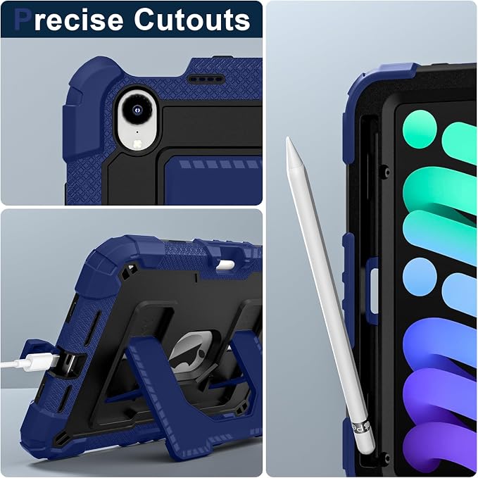 Kids Case Compatible with iPad mini 7 A17 pro 2024 Mini 6 8.3”Colorful Shockproof Case with Pencil Holder and Adjustable Big StandHandle Strap for iPad mini 6th 7th Gen