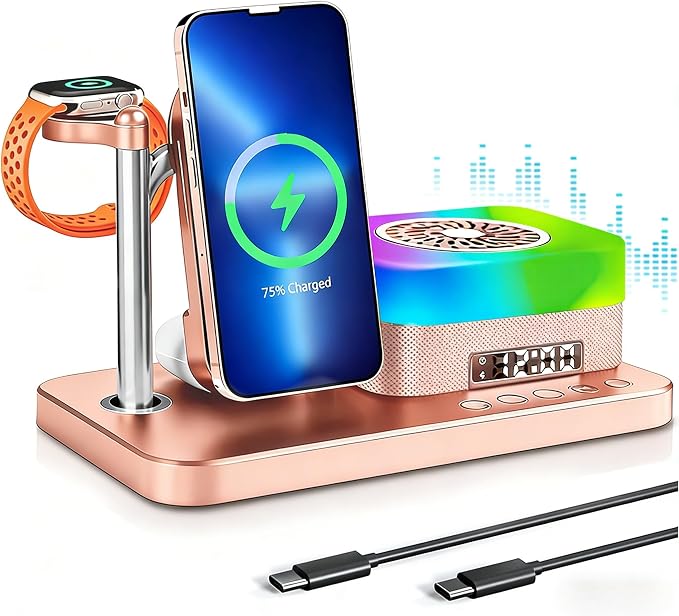 8-in-1 Desktop Charging Station with Bluetooth Speaker RGB Ambient Light Digital Clock Phone Stand Wireless Charger for Phone Watch and Earbuds Black/White (Black)