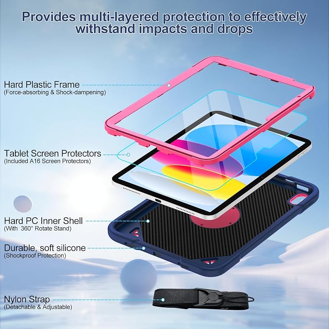for iPad (A16) 11th Generation Case 11 Inch 2025 iPad 10th Generation case 10.9 Inch 2022 Shockproof Case with Screen Protector 360° Rotating Stand Shoulder Strap Pencil Holder Navy+Pink
