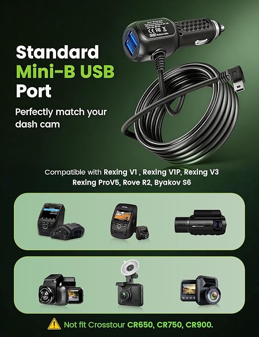 Anina Mini USB Mini-B Dash Cam Power Cord Left Angle Charging Cable Dash Camera Car Charger for Rexing V1V1P ProV -13FT/4M