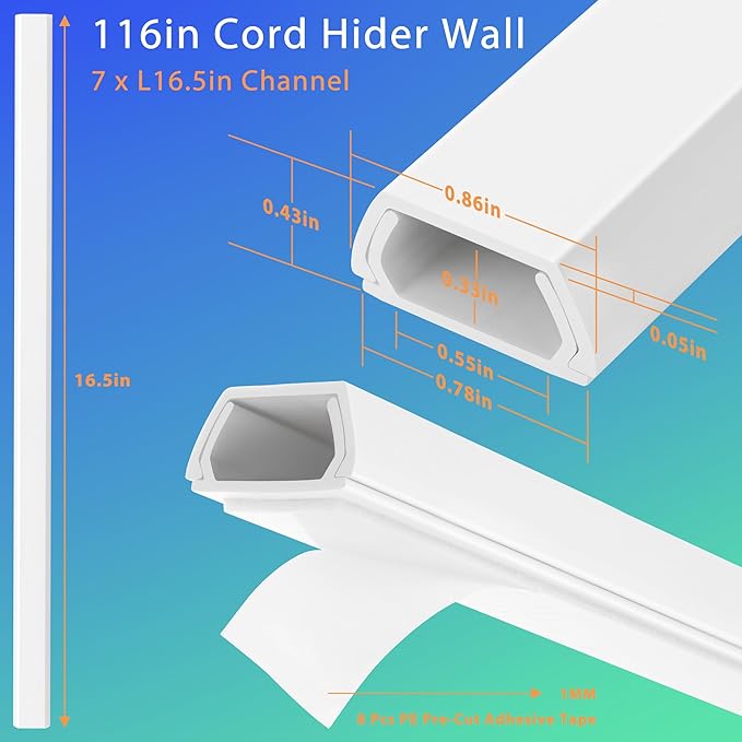 YCLYC Wall Cable Hider Kit, 116in TV Wire Hider for Wall, Paintable Cord Hider Wall, Cord Organizer Hide 1-2 Cords Wall Mounted TV, Wire Cover for Wall, Cord Concealer 7XL16.5 W0.86 H0.43in, White