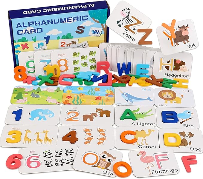 Alphabet Flash Cards, Numbers and Alphabets Flash Cards Set, Wooden Letters Number Blocks Sight Words Matching Game Toddler Preschool Learning Activities Toys for Preschool Kids Age 4 Year Over