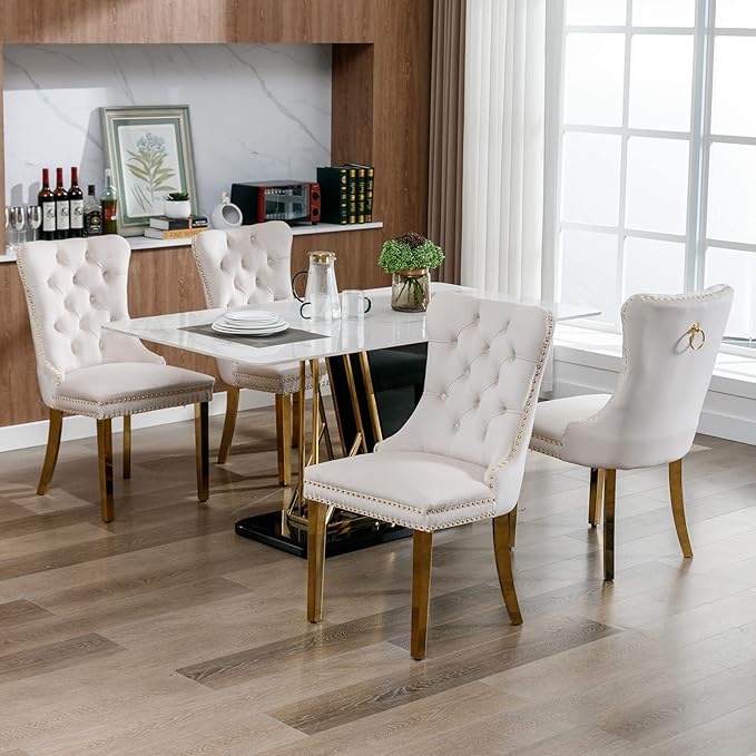 Luxury Upholstered Dining Chairs Set of 6, Beige Kitchen Chair with Golden Metal Legs, Velvet Tufted Back Dining Chair, Sillas de Comedor, Modern Kitchen & Dining Room Chairs (Beige, 6 Pcs)