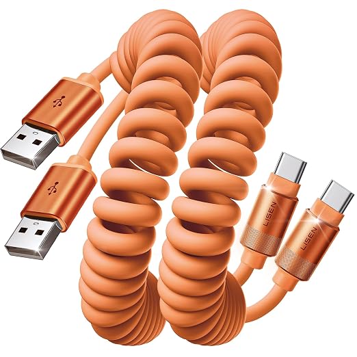 LISEN Chubby Cable Coiled Cable 2 Pack Car Play Cord | for Android Auto Short USB A to USB C Cable for iPhone 17/16/15 Samsung Galaxy S25/S24 A15/A14 Google Pixel 9/8 Blue 4FT