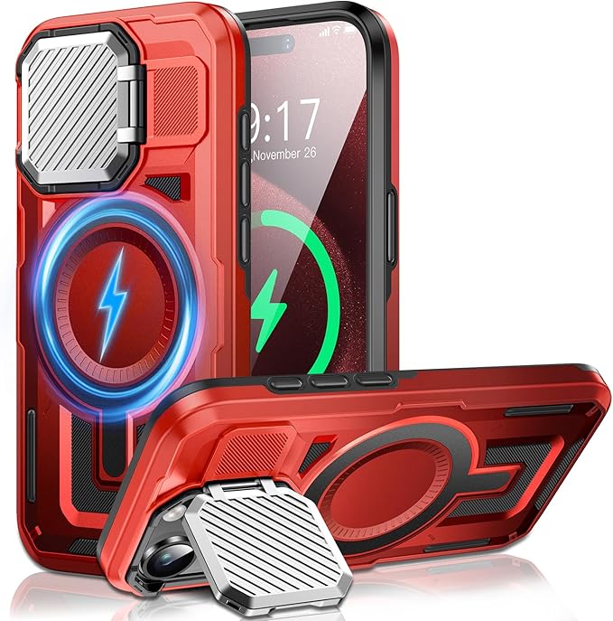 Camera Stand Case for iPhone 15 Pro Max, [Compatible with MagSafe] [Lens Cover] 2024 Version Military Grade Protective Soft Case for iPhone 15 Pro Max 6.7 inch Men Women, Red
