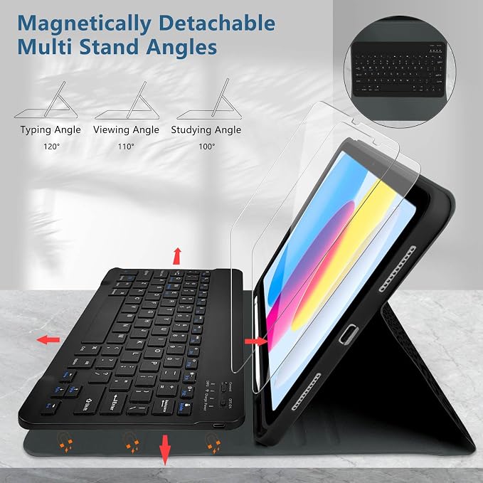 for Bluetooth Keyboard for iPad 10th Gen 10.9 inch (2022) case (A16) 11th / 10th Gen Case 11'' (2025) with 7-Color Backlights Pencil Holder Detachable Rechargeable - Black Cow