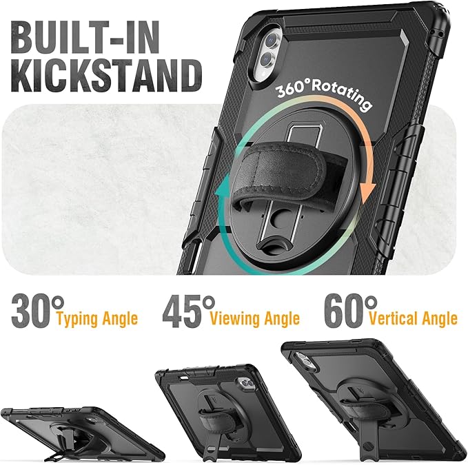 HXCASEAC Case for Samsung Galaxy Tab S10+ Plus / S9 Fe+ / S9+ 5G 12.4 inch Protective with Screen Protector/S Pen Holder/ 360 Rotating Stand Hand Strap - Black