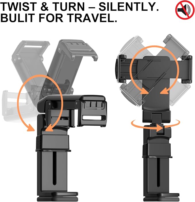 Perilogics Gen 2 Airplane Phone Holder Mount Travel Essential Phone Stand | Upgraded Silent Hinge 360° Adjustable Compact Size Wider Clamp Fits iPhone Android &amp Gaming Devices
