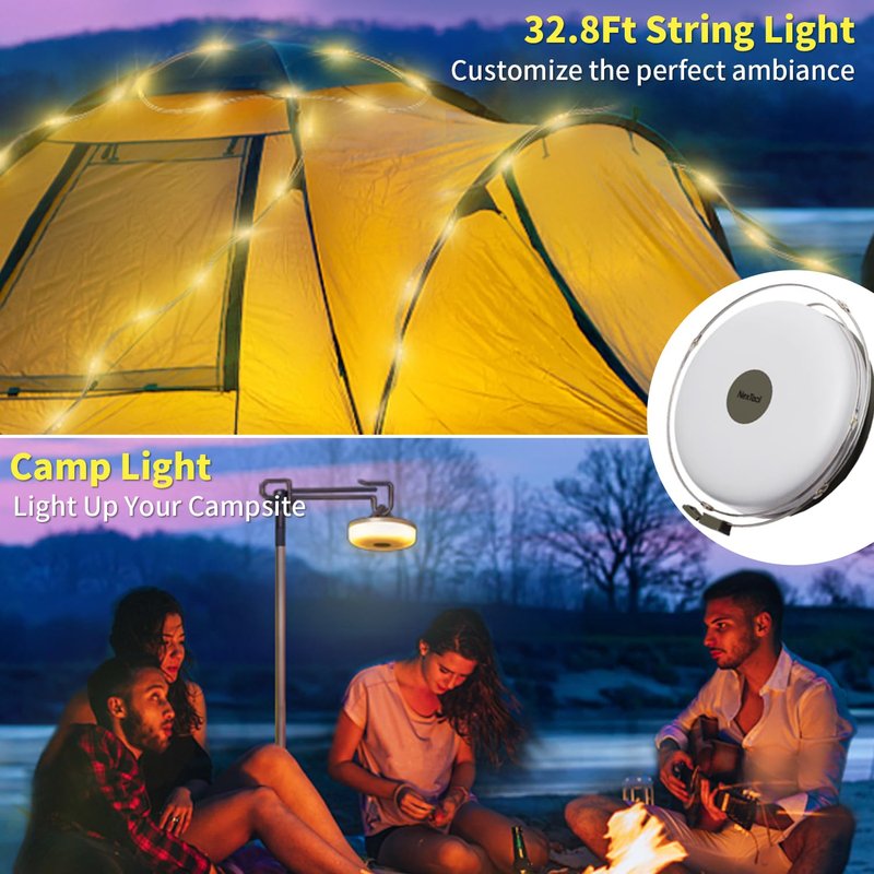 HAMLITE Camping String Lights,2 in 1 Outdoor Waterproof Portable Stowable String Light with 5 Lighting Modes(32.8Ft), USB Camping Lights, Rechargeable String Lights for Yard Hiking,Christmas