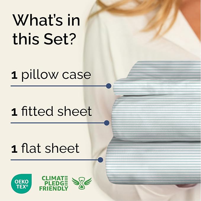 Striped Sheets - Blue & White Striped Sheets - 1 Flat & 1 Fitted & 1 Pillowcase w/ Deep Pockets – Wrinkle & Fade Resistant - Soft, Breathable & Cooling - Luxury Pinstripe Bedding - Twin Size Bed Set