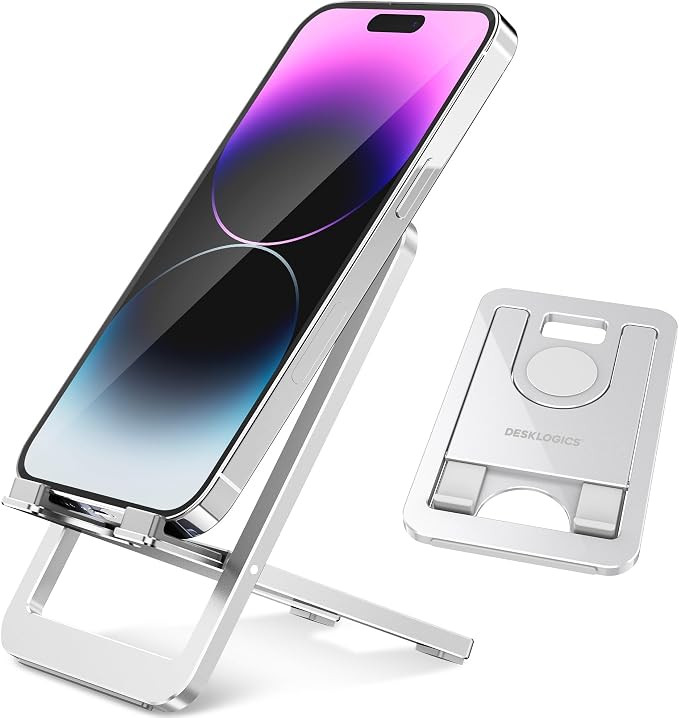 Cell Phone Stand for Desk - Foldable Aluminum Phone Holder Portable Travel Essentials Adjustable Desktop Dock for iPhone 17 16 15 14 Pro Max Android (Pink)