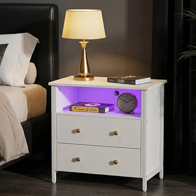 Tykacna 27 Inch Wide Night Stand, Large Wood Night Stand with 2 Drawers, LED Nightstand with Charging Station and Adjustable Drawer, Bedside Table for Living Room/Bedroom/Study/Office, White.