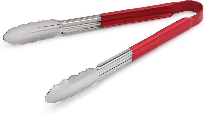 New Star Foodservice 12 Inch Utility Spring Tongs, Set of 12, Commercial Restaurant Grade Stainless Steel Tongs with Red Vinyl Coated Handles