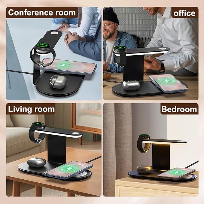 Aluminum 4-in-1 Charging Station for Samsung/Android with 3-Level Night Light, 18W Wireless Charger for Galaxy S25 Ultra/S24/S23/S22/Note 20,Galaxy Watch Ultra/8/7,Galaxy Buds 3 Pro(Black)
