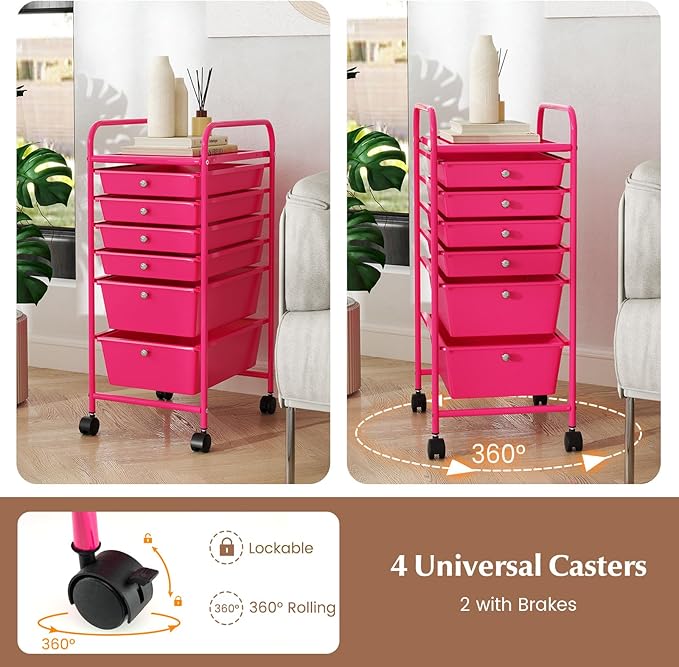 COSTWAY 6-Drawer Rolling Storage Cart, Multifunctional Art Craft Tools Organizer on Wheels, Heavy Duty Utility Mobile Storage Trolley w/ 2 Lockable Wheels for Home Office School, Hot Pink