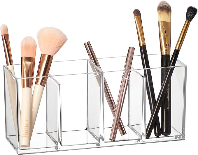 Amazing Abby - Glamour - Acrylic 4-Compartment Makeup Organizer, Transparent Plastic Makeup Brush Holder, Perfect Bathroom Vanity Storage Solution for Makeup Brushes, Eyebrow Pencils, and More