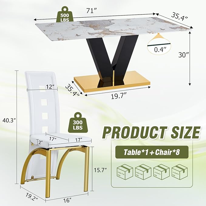 71'' Dining Table Set for 8,Rectangular Dining Room Table Set for 8,Marble Dining Table with 8 PU Leather Dining Chairs,Gold Dining Room Table with Glossy V-Shaped Base Ideal for Kitchen