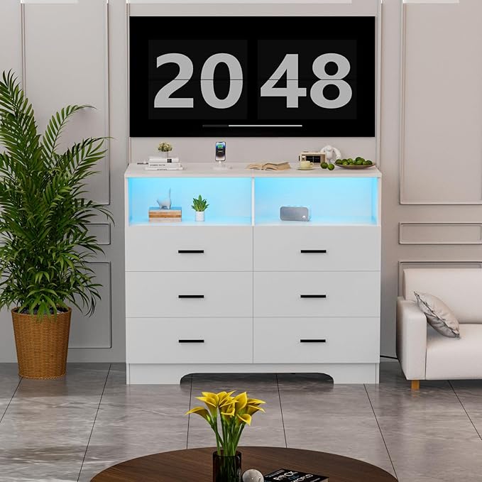 Dresser with Power Outlets and LED Lights Wooden 6 Drawer Dresser with Large Organizer Tall White Drawer for Bedroom Modern Chest of Drawers Closet for Living Room Kids Room