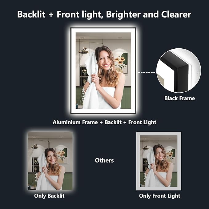 YEELAIT 32x36 Inch LED Bathroom Mirror with Lights (Front Lit and Backlit) Black Framed Lighted Vanity Mirror for Bathroom Wall Dimmable Anti-Fog Memory Tempered Glass Horizontal/Vertical