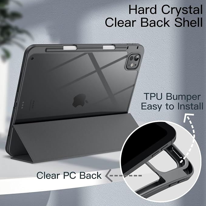 JETech Case for iPad Pro 11 M5/M4 Black | Cover for 2025/2024 Model Clear Transparent Back Pencil Holder Slim Shockproof Protection Tri-Fold Stand Auto Wake/Sleep