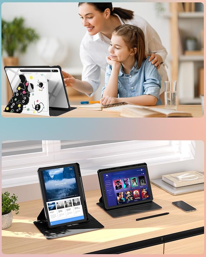 Wazzasoft for Samsung Galaxy Tab S7/S7 Plus/S8 Plus Case - 12.4 Inch Folio Cover with Pencil Holder - Women/Girl Cute Girly Black Flower Unique Design - Rotating Tablet Case