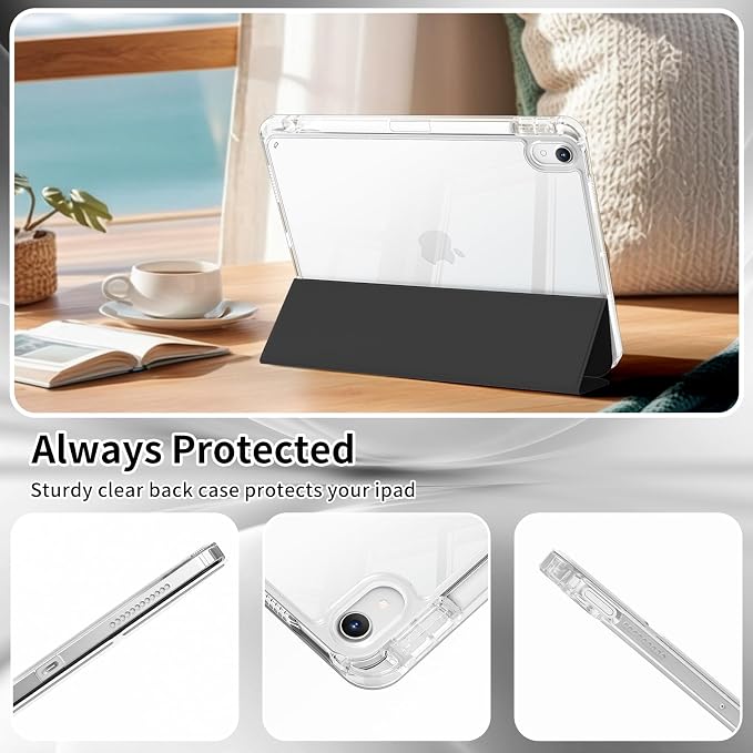 Case for iPad Air 11 Inch M4/M3/M2 Air 5th/4th Gen 10.9 Black | Pencil Holder Slim Trifold Stand Cover Clear Hard Back Shell Auto Sleep/Wake