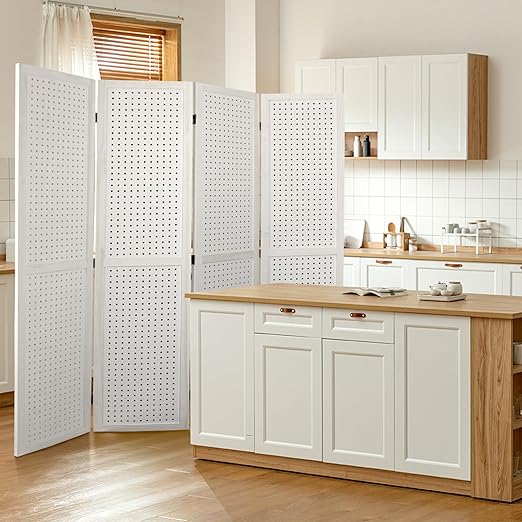 Babion 4 Panel Pegboard Display, Peg Board Room Divider Freestanding Folding Privacy Screens Pegboard Display Stand for Craft Shows (White)
