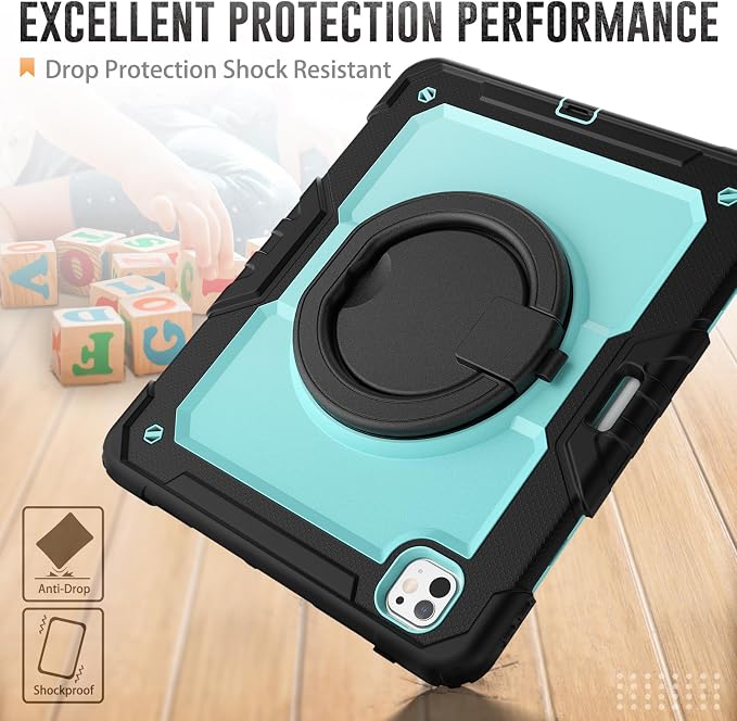 for iPad Pro 11 inch Protective Case M5 2025/M4 2024: Heavy Duty Shockproof Case with Pencil Holder - 360°Rotating Handle/Stand - Screen Protector - Shoulder Strap Black/Sky Blue