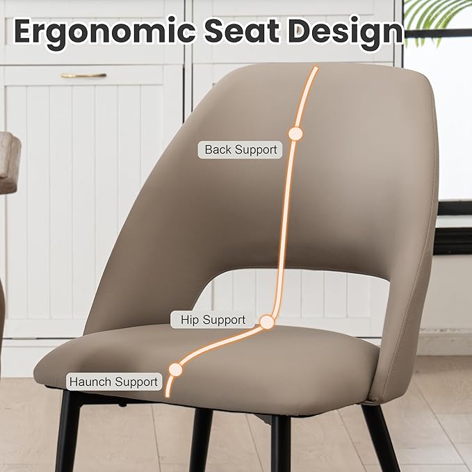 Rowill Dining Chairs Set of 2 Upholstered Dining Room Chairs Mid Century Modern Dining Chairs Faux Leather Kitchen Chairs Accent Chair with Metal Legs for Living Room Bedroom, Khaki