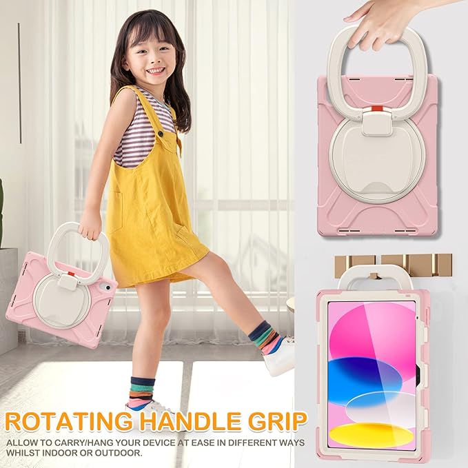 BRAECN Case for iPad (A16) 11th/10th Generation 11”/10.9'' 2025/2022-Shockproof Silicone Cover w/Pencil Holder/360°Swivel Ring Stand/Handle Grip/Kickstand/Shoulder Strap/Screen Protector, Sakura Pink