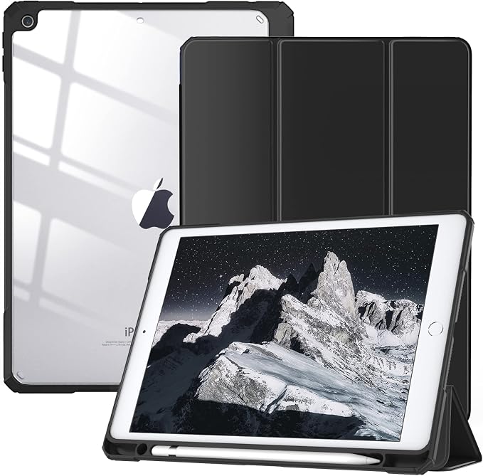 TiMOVO Case for iPad 9th/8th/7th Generation 10.2 inch Black | Pencil Holder Slim Trifold Stand Protective Cover Clear Transparent Back Shell Auto Wake/Sleep