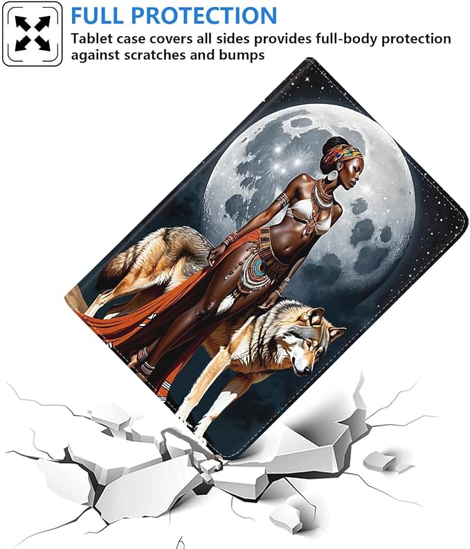 Case for iPad 6th/5th Generation (2018 2017 Model 9.7 Inch) iPad Air 2/Air 1 (9.7 Inch) Slim PU Leather Stand Folio Cover with Auto Wake Sleep African Woman Wolf