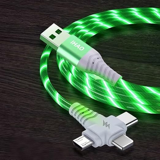IHAO Multi Ports Light-Up USB Cable USBA to USBC/MicroUSB Cable Durable Fast Charging Cable with Visible Current Flow As Night Light Use-3in1 Blue