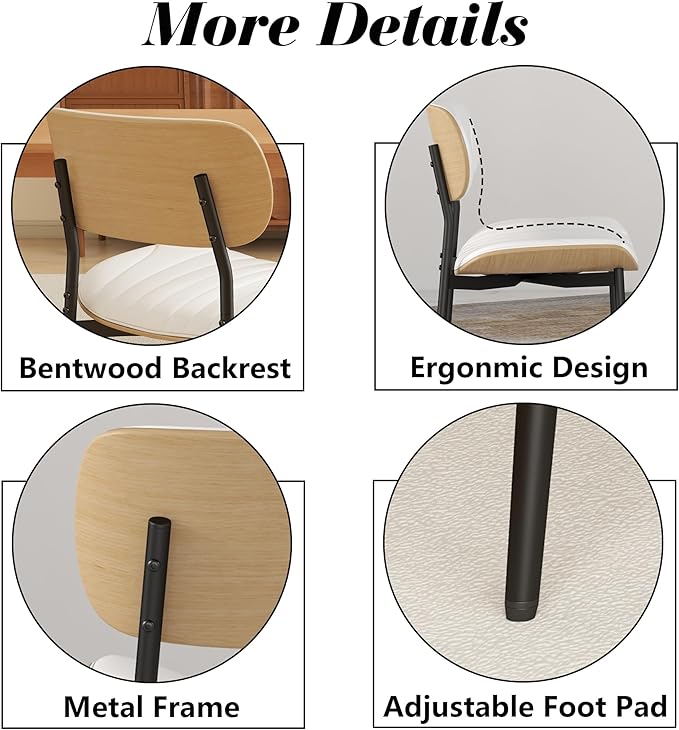 Modern PU Leather Dining Room Chairs Set of 2, Upholstered Kitchen Chairs with Curved Wood Backrest and Metal Legs Adjustable Feet for Kitchen Dining Room(White)