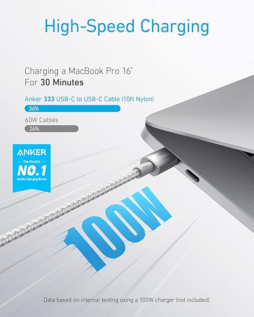 Anker USB C to USB C Cable 100W Fast Charging Cable (2-Pack 10 ft Black) | For iPhone 17 Series MacBook Pro 2020 Pixel and More (Not for Video Output)