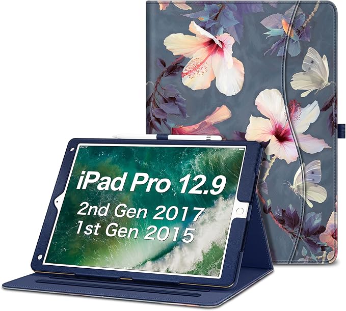 Fintie Multi-Angle Case 2017/2015 iPad Pro 12.9 inch (Old Model) 1st &amp 2nd Gen Case - [Corner Protection] Folio Stand Cover with Pencil Holder &amp Pocket Auto Wake/Sleep Blooming Hibiscus