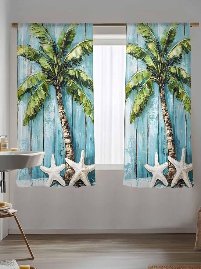 Sheer Curtains 72 Inches Long, Coastal Beach Starfish Semi Sheer Curtains Light