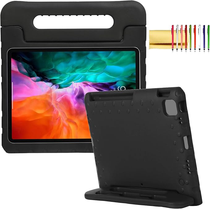 Kids Case for iPad Pro 11 M5/M4 &amp iPad Air 11 (2026/2025/2024) Shockproof Case with Pencil Holder Techcircle Light EVA Foam Handle Stand Bumper Protective Child Friendly Drop Proof Cover Black