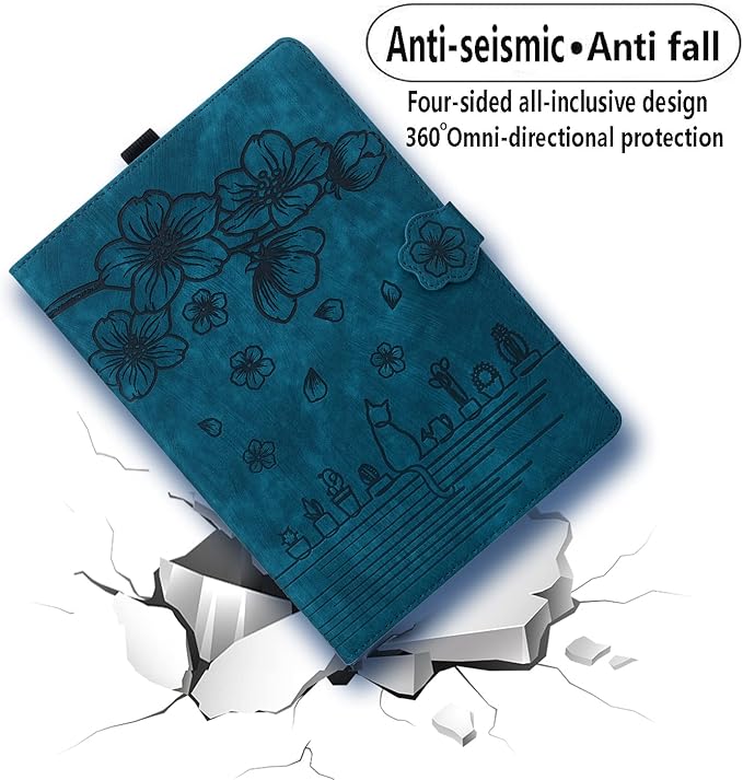 Dteck Case for Samsung Galaxy Tab S9 FE+ Plus 5G Tablet Case 12.4 2023 with Pencil HolderPU Leather Embossed Flower Cat Folio Multi-Angle Viewing Stand Shockproof Protective Tablet 12.4 CoverBlue
