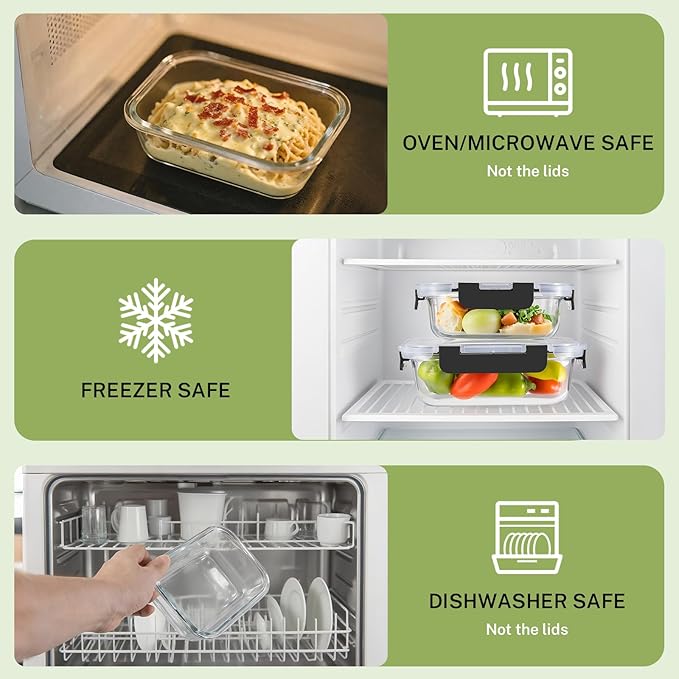 8 Pack Borosilicate Glass Food Storage Containers with Lids, Glass Meal Prep Containers, Airtight Bento Lunch Boxes with Snap Locks, Oven, Freezer and Dishwasher Safe, BPA Free, Kitchen Storage Set