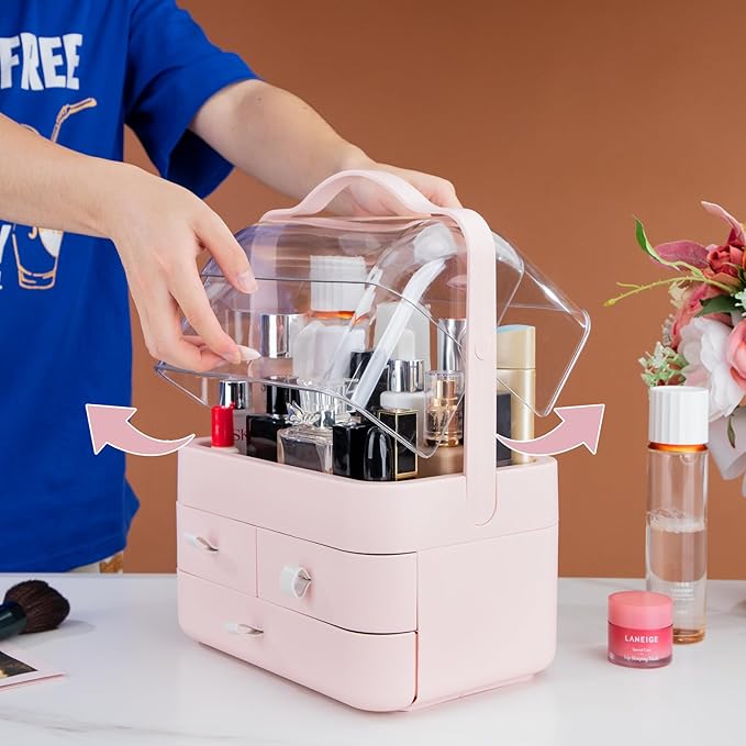 Nervure Pink Makeup Organizer - Cosmetic Storage Box with Lid - Makeup Organizer Storage Drawersr with Dust Free Cover and Portable Handle for Bathroom Countertop & Dresser & Gift