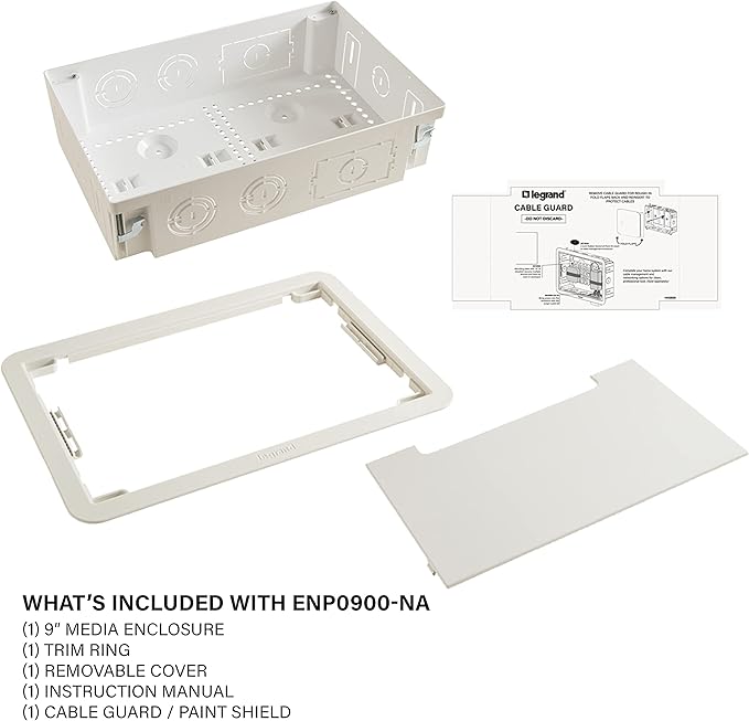 Legrand - OnQ Cable Management, In-Wall Media Box, Dual Purpose Structured Wiring Enclosure, TV Home Theater Recessed Storage Box, 9 Inch, white ENP0900-NA