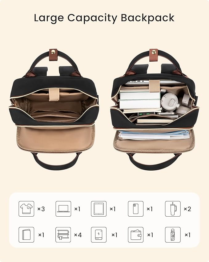 LOVEVOOK Laptop Backpack for Women with Giant Tumbler Holder Pocket, 15.6 inch Travel Work Backpack Purse for Teacher Nurse, Waterproof College Book Bag Cute Casual Daypack, Beige-Black-Brown