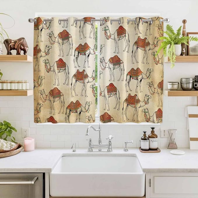 2 Panel Kitchen Cafe Curtains, Desert Sand Camel Sunlight Filtering Nature Air